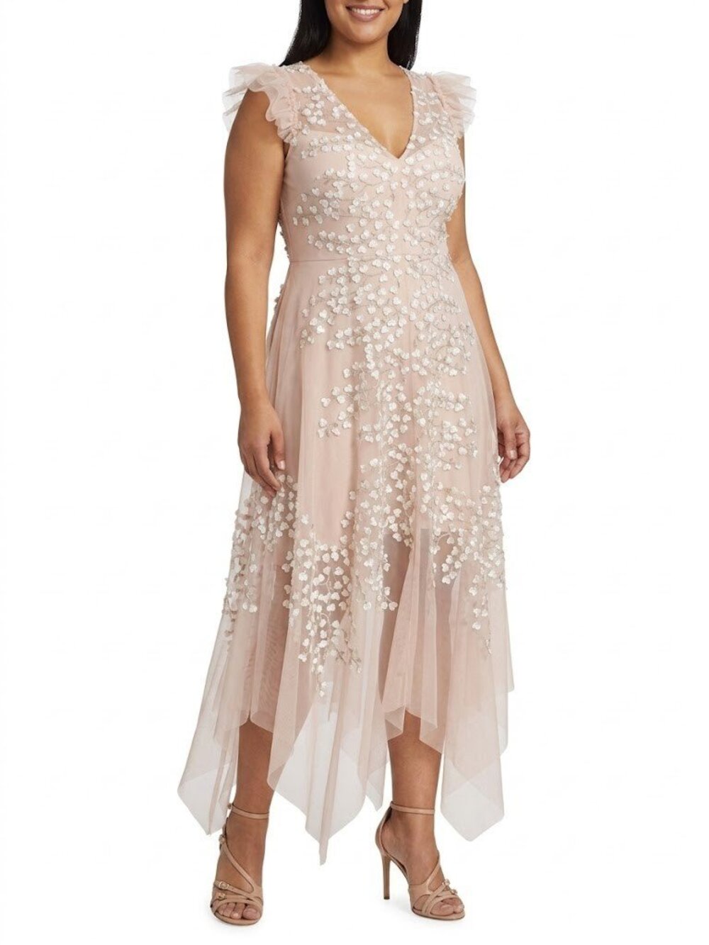 NWT BCBG MaxAzria Emery in Bare Pink 3D Floral Embroidered Asymmetric Dress 14